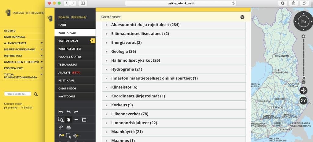 Paikkatietoikkuna esittelee paikkatietoinfrastruktuurin aineistoja ja tarjoaa mahdollisuuden rajapintapalvelujen kautta selailla ja yhdistellä yli