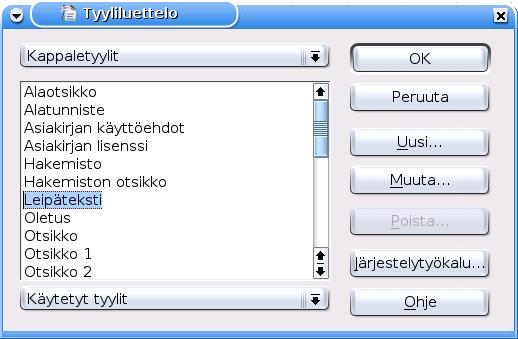 Kappale/merkki/kehys/ sivu/luettelo-tyylit Nykyinen kappaletyyli Näkymätyyppi Tyylin muokkaaminen Tyyliä voi muokata valitsemalla sen, napsauttamalla oikeaa hiiripainiketta ja valitsemalla