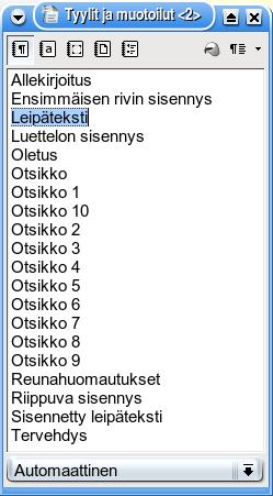 Jos halutaan päivittää tyyli asiakirjassa olevan kappaleen mukaiseksi, tapahtuu se siirtämällä kohdistin halutulla tavalla muotoiltuun kappaleeseen ja valitsemalla ikkunan oikean yläkulman