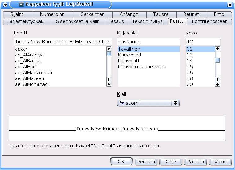 2.7.1 Fonttien yhteensopivuus OpenOffice käyttää tietokoneeseen käyttöjärjestelmän kautta asennettuja fontteja, käyttäjän erityisesti OpenOfficeen asentamia fontteja ja tarjoaa myös muutamia omia