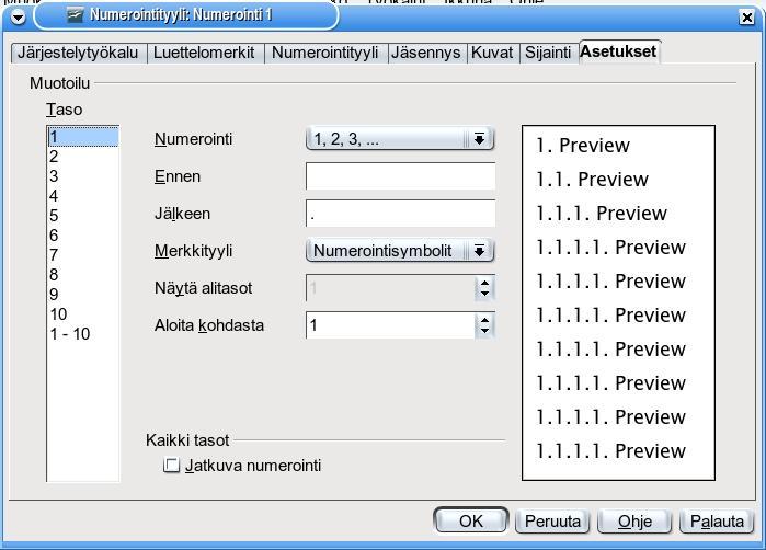 2.10 Luetteloiden laatiminen Luettelotyylit määrittävät luetteloille ja numeroinneille oleelliset asetukset, kuten luettelosymbolit ja sisennykset luettelon eri sisennystasoilla.