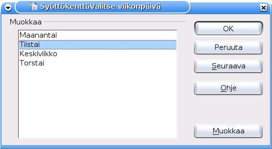 Huomaa, että Seuraava-painiketta ei ole jos syöttökenttää muokataan napsauttamalla sitä hiirellä. Painikkeen saa näkyviin avaamalla syöttökentät Vaihto-Ctrl-F9-näppäinyhdistelmällä.