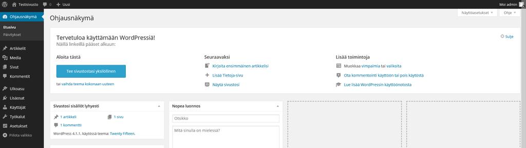 17 Kuvio 2. WordPressin ohjausnäkymä. Ohjausnäkymän vasemmassa reunassa näkyy hallintapaneeli, jossa on järjestelmän toiminnan kannalta keskeiset osiot.