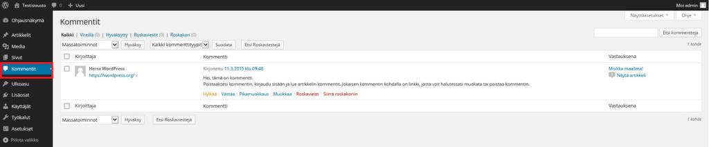 23 näyttää kaikki vastaanotetut kommentit sivustolla (kuvio 8). (WordPress, [viitattu 16.3.2015].) Seuraavaksi kuvataan kommentteihin liittyvät osiot. Kuvio 8.