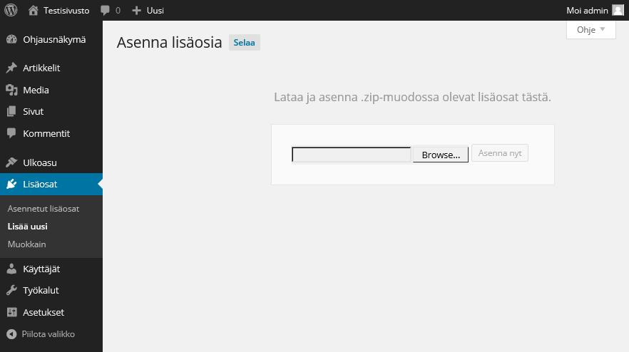 Tämän kautta voidaan WordPressiin asentaa pakatusta zip-tiedostosta haluttuja lisäosia (kuvio 19).