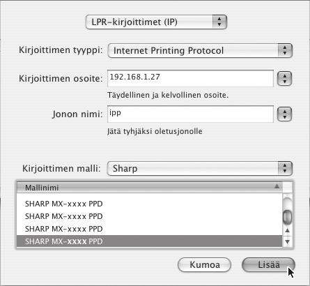 Jos haluat käyttää IPP-toimintoa, valitse PPD-tiedosto näiden ohjeiden mukaan määrittäessäsi tulostinohjainta (vaihe 14 sivulla 33). v10.4.11, v10.5-10.5.1 v10.2.8, v10.3.9 (1) (1) (2) (2) (3) (1) Osoita [IP-kirjoitin] -symbolia.