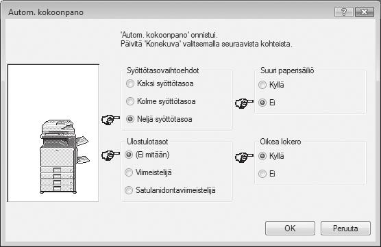 TULOSTINOHJAIMEN/ PC-FAKSIOHJAIMEN ASENNUS 5 Konfiguroi laitteen kuva. Laitteen kuva muodostuu tulostinohjaimen konfigurointi-ikkunaan perustuen asennettuihin vaihtoehtoihin.