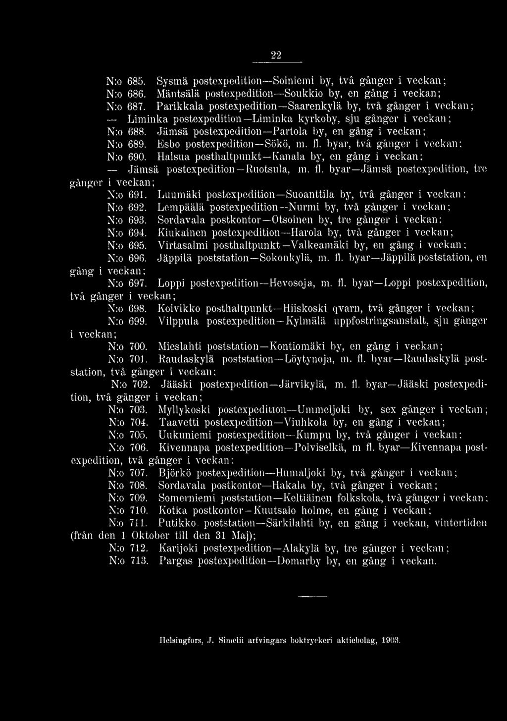 Esbo postexpedition Sökö, m. 11. byar, två gånger i veckan; N:o 690. Haisua posthaltpunkt Kanala by, en gång i veckan; Jämsä postexpedition Ruotsilla, m. 11. byar Jämsä postexpedition, tre gånger i veckan; N:o 691.