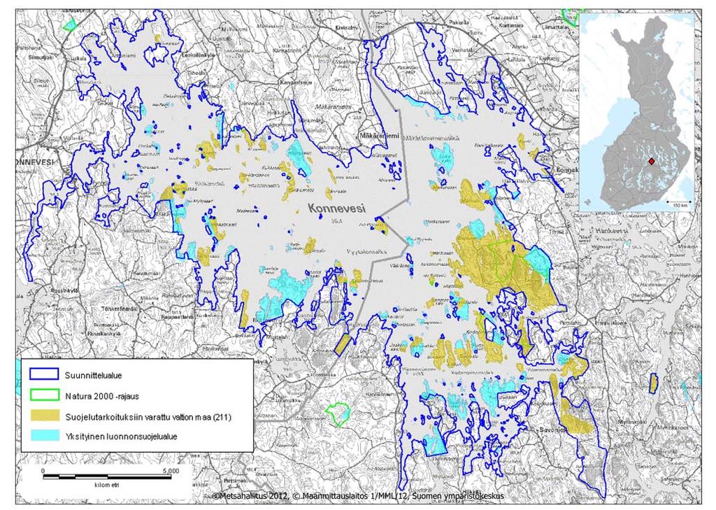 Kartta 2. Metsähallituksen kartta koko Etelä-Konneveden alueen luonnonsuojelualueista. Etelä-Konneveden kansallispuisto on perustettu suojelutarkoituksiin varatulle valtion maalle (ruskea väri).