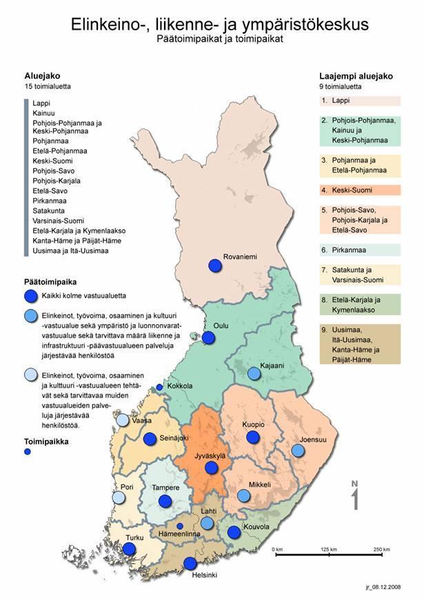 KUVA 1 ELY-keskusten toimipaikat ja niiden vastuualueet (ELY-keskus, intranet. n.d.) ELY:t koostuvat kolmesta vastuualueesta.