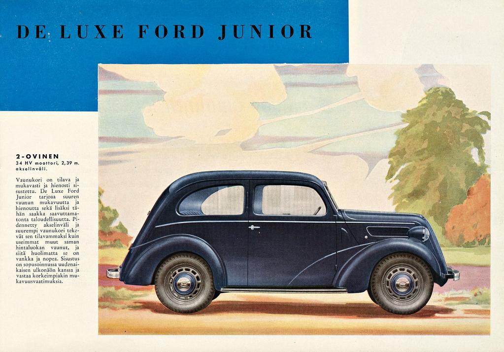 DE LUXE FORD JUNIOR 2-OVINEN 34 HV moottori, 2,39 m. a k s e I i n vä I i. Vaunukori on tilava ja mukavasti ja hienosti sisustettu.