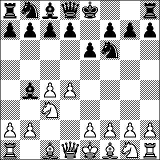a4 h5 23.gh5 Dh5 24.e4 Tad8 25.Td8 Td8 26.Db4 Da5 27.Da5 ba5 ja 40. siirrossa 1/2-1/2, Aulis Silius-Jorma Ylipartanen 46. SM-turnaus 1999. 7...de4 8.de4 Lc5 8 Le7 9.Rc4 (9.h3 Lh5 10.De1 O-O 11.