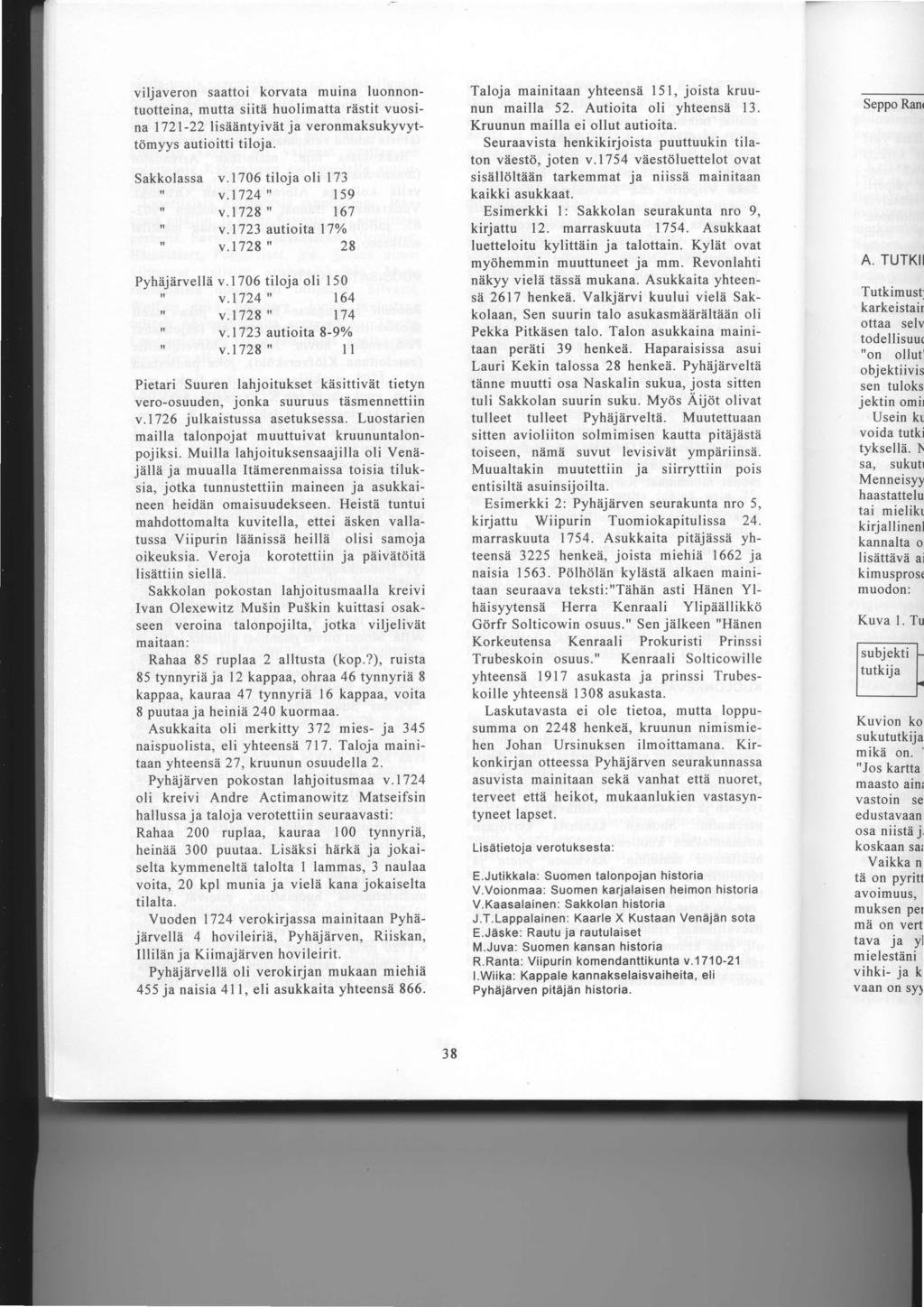 viljaveron saattoi korvata muina luonnontuotteina, mutta siitii huolimatta riistit vuosina l7 2-22 I isiiiintyiviit j a veronmaksukyvyttdmyys autioitti tiloja. Sakkolassa v.1706 tiloja oli 173 " v.