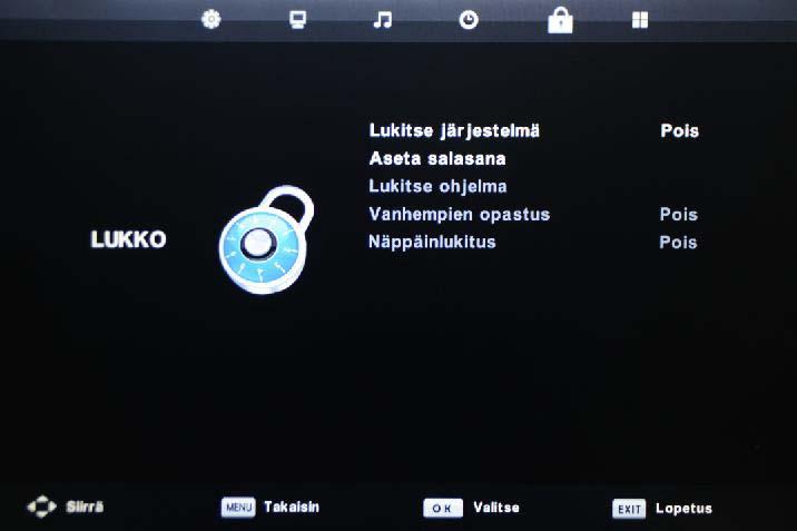 Näyttövalikko Näyttövalikko 5. LOCK-valikko (LUKITUS) Kuvaus Lukitusjär jestelmä: Ota lukitustoiminto käyttöön tai poista se käytöstä.