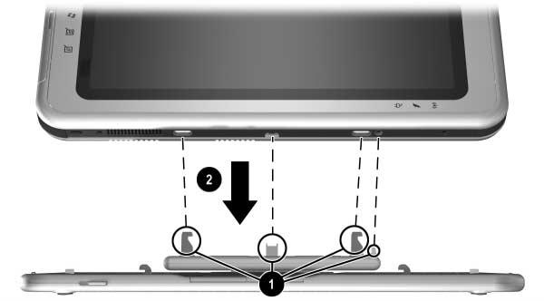 Liitännät ulkoisia laitteita varten 3. Aseta tietokone vaakasuunnassa näppäimistön yläpuolelle siten, että tietokoneen etuosa on näppäimistöä kohti. Tietokoneen asettaminen näppäimistön yläpuolelle 4.