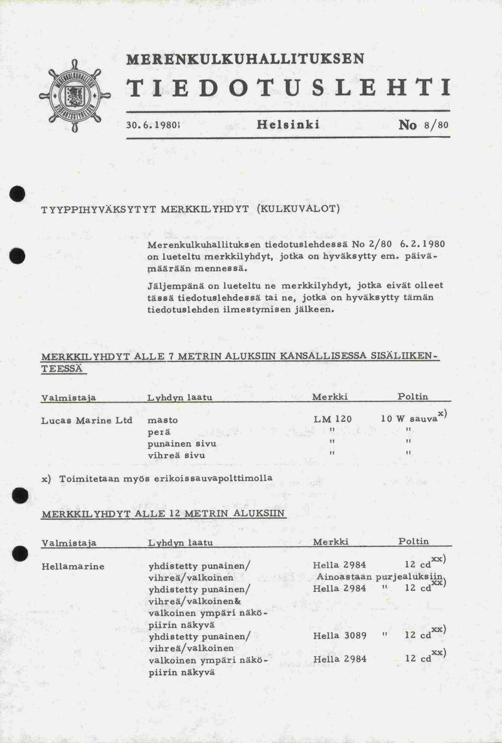 MERENKULKUHALLITUKEN TIEDOTULEHTI 30.6. 198O Helsinki No 8/80 T YYPPIHYVÄKYTYT MERKKIL YHDYT (KULKUVALOT) Merenkulkuhallituksen tiedotuslehdessä No 2/