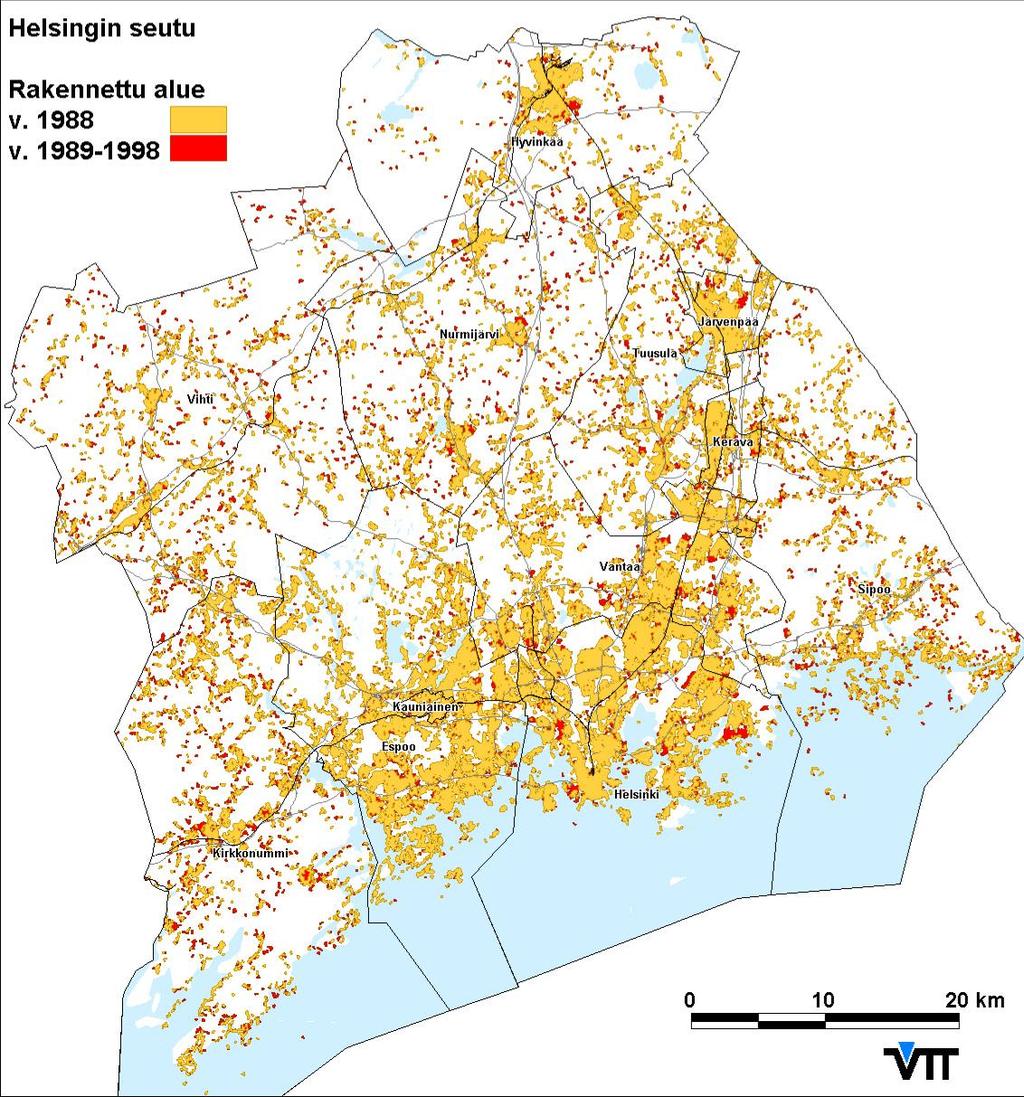 33 5. Yhdyskuntarakenteen aikaisempi kehitys Kuvassa 26 esitetään rakennetun alueen kehittyminen Helsingin seudulla.