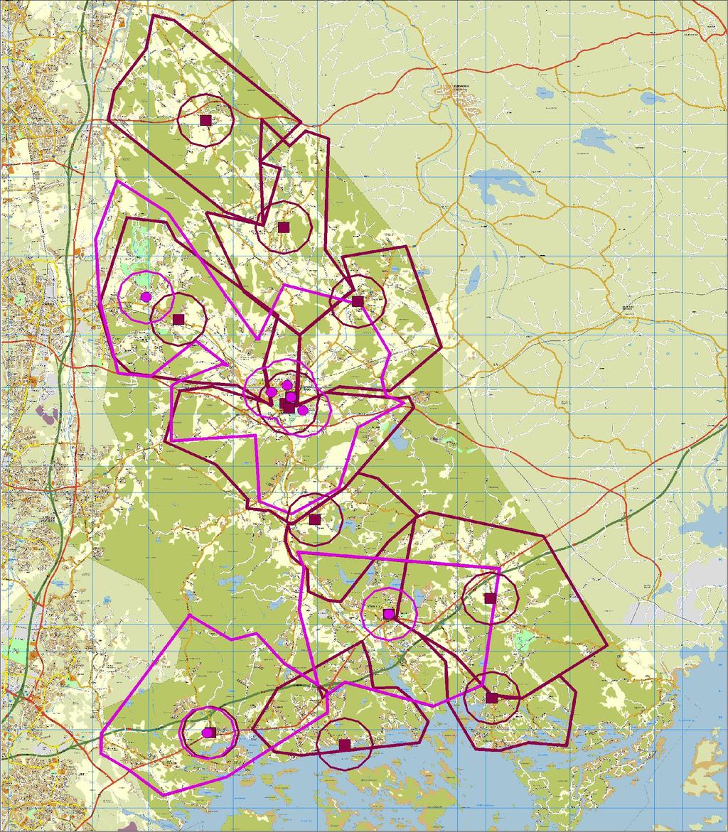 35 Kuvassa 28 esitetään nykyisten koulujen sijainti sekä 1 km:n ja teitä pitkin lasketut 5 km:n