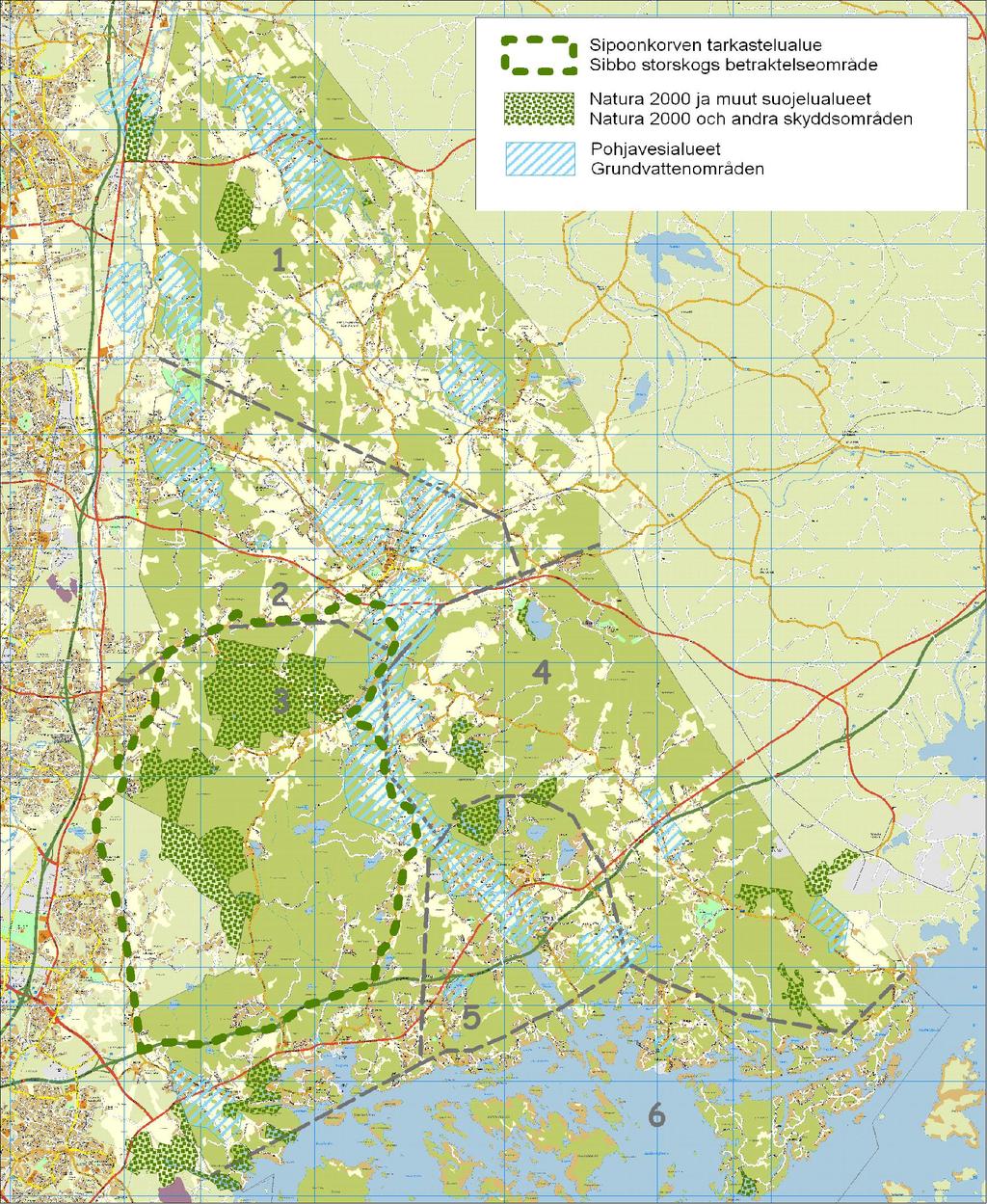 73 Kuva 76. Natura- ja muut suojelualueet, pohjavesialueet ja Sipoonkorven tarkastelualue.