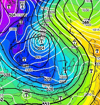 Kuva 53. Vasemmalla synoptinen tilanne 26.3.28 klo 6 UTC (Lähde: http://www.wetter3.de/archiv/). Esitystapa sama kuin kuvassa 51.