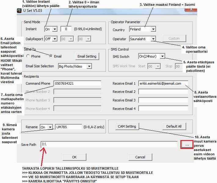 OK tallennuksen jälkeen asenna lopuksi SD muistikortti kameraan (kamera pois päältä = OFF). Kytke nyt kameraan virta asettamalla virtakytkin SETUP asentoon ja odota n.