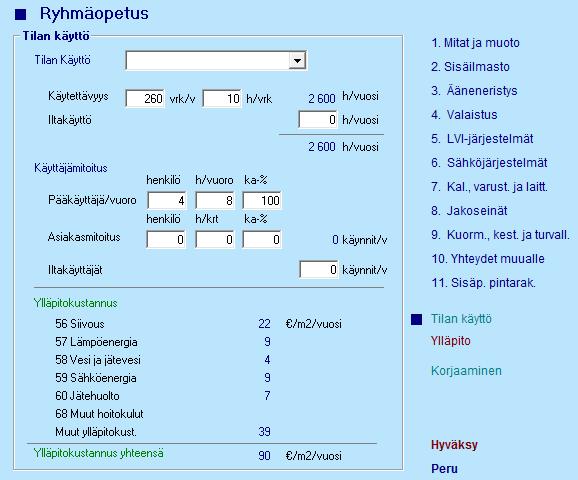 35 5.3.3 Ryhmäopetustila Ryhmäopetustilan siivouksen kustannukset ovat 22 /m2/vuosi, lämpöenergiaan kustannukset ovat 9 /m2/vuosi, veden ja jäteveden kustannukset ovat 4 /m2/vuosi, sähköenergian