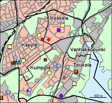 35 Vanhankaupungin peruspiiri Kirjasto Koulu, ala-aste Erikois- ja yksityiskoulu Koulu, lukio Koulu, yläaste Kulttuurikeskus Leikkipuisto Nuorisotila Päiväkoti Terveysasema Terveyskeskussairaala