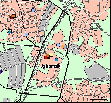 56 Jakomäen peruspiiri Kirjasto Koulu, ala-aste Erikois- ja yksityiskoulu Koulu, lukio Koulu, yläaste Kulttuurikeskus Leikkipuisto Nuorisotila Päiväkoti Terveysasema Terveyskeskussairaala Yhteinen