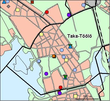 14 Taka-Töölön peruspiiri Kirjasto Koulu, ala-aste Erikois- ja yksityiskoulu Koulu, lukio Koulu, yläaste Kulttuurikeskus Leikkipuisto Nuorisotila Päiväkoti Terveysasema Terveyskeskussairaala Yhteinen