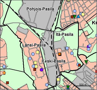 34 Pasilan peruspiiri Kirjasto Koulu, ala-aste Erikois- ja yksityiskoulu Koulu, lukio Koulu, yläaste Kulttuurikeskus Leikkipuisto Nuorisotila Päiväkoti Terveysasema Terveyskeskussairaala Yhteinen