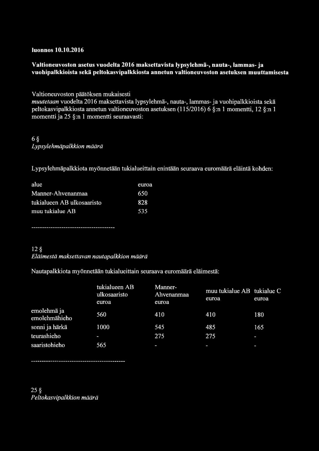 päätöksen mukaisesti muutetaan vuodelta 2016 maksettavista lypsylehmä-, nauta-, lammas-ja vuohipalkkioista sekä peltokasvipalkkiosta annetun valtioneuvoston asetuksen (115/2016) 6 :n 1 momentti, 12