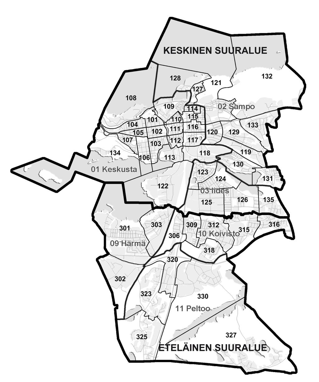 184 Tampereen kaupungin tilastollinen vuosikirja 2014-2015 Kartat Keskisen ja eteläisen suuralueen suunnittelualueet ja tilastoalueet 1 Keskinen suuralue 01 Keskusta 101 Finlayson (I) 102 Tammerkoski