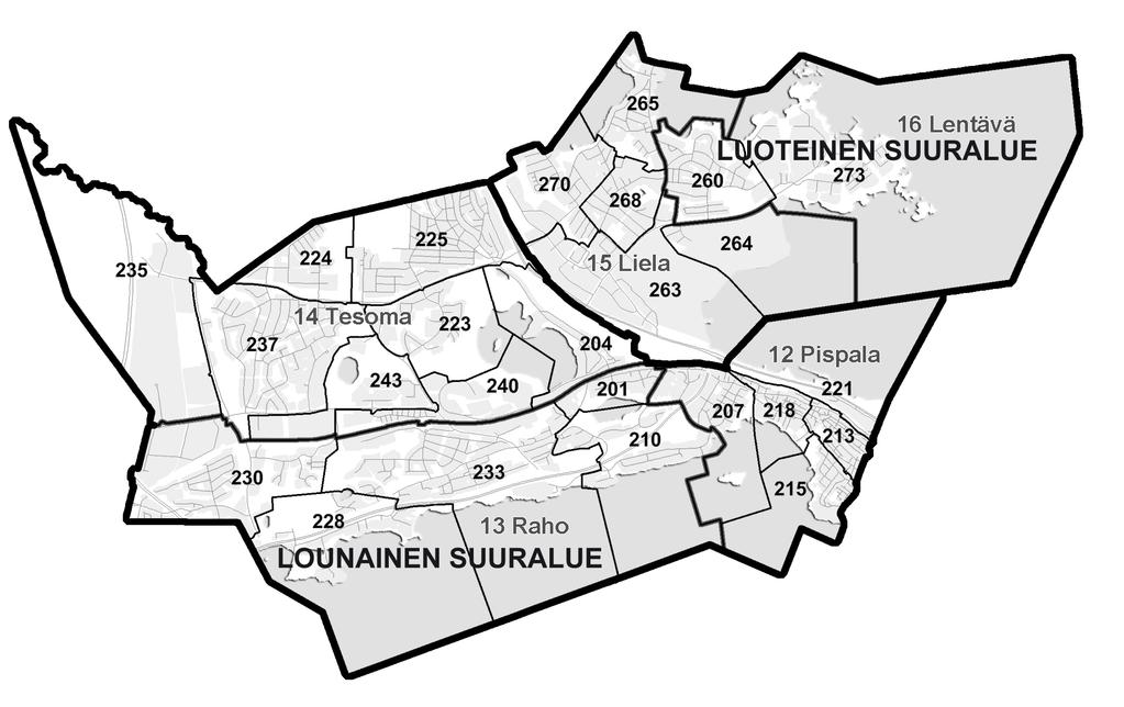 186 Tampereen kaupungin tilastollinen vuosikirja 2014-2015 Kartat Lounaisen ja luoteisen suuralueen suunnittelualueet ja tilastoalueet 5 Lounainen suuralue 12 Pispala 207 Hyhky 213 Ylä-Pispala 215