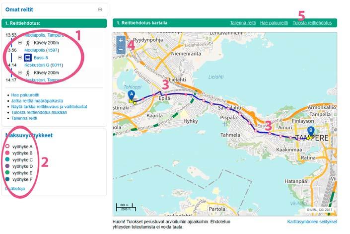 3 Repa / Omien reittien asettaminen (1) Omat reitit kohtaan tulostuu aktiiviseksi valittu reittiehdotus. Reittiehdotusta voit muuttaa klikkaamalla lähtöaikaa yllä olevan kuvan oikeasta valikosta.