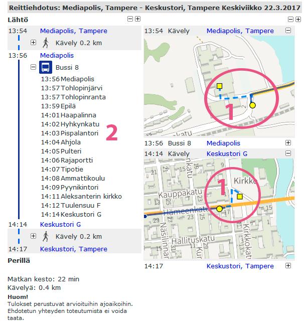 3 Repa / Omien reittien asettaminen (1) Näytä tarkka reittikuvaus kohta listaa mm. lähtöpaikan ja määränpään sekä lähimpien pysäkkien sijainnit ja mahdolliset vaihtoreitit.