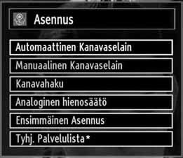 Asennus Paina MENU -painiketta kauko-ohjaimessasi Asennuksen valitsemiseksi tai näppäimellä. Paina OK-näppäintä ja seuraava valikko tulee esiin. Voit valita taajuusalueet tästä ruudusta.