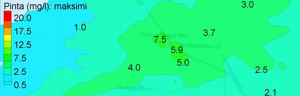 ssa ruoppauskohteen välittömässä läheisyydessä kiintoaineen keskimääräinen pitoisuuslisäys on noin 9 mg/l.