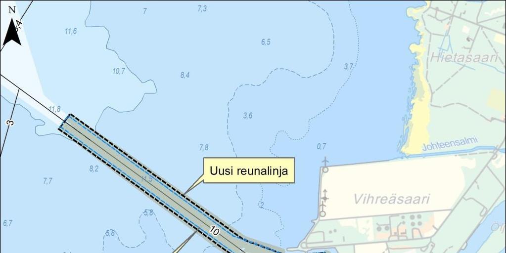 1139 5 Kuva. Tuloväylällä ja satamassa tehtävät ruoppaukset. Satamassa ja tuloväylällä imuruopattava massamäärä on noin 1,6 Mm 3 ja työn arvioidaan kestävän yhden avovesikauden (Taulukko 1).