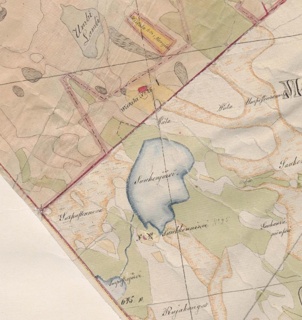 9 Ote vuoden 1844 pitäjänkartasta. Saukonperän ja Viitaperän välissä sijaitsi aiemmin Saukonjärvi ja hieman alempana pienempi Sarpastenjärvi eli Sarpajärvi.