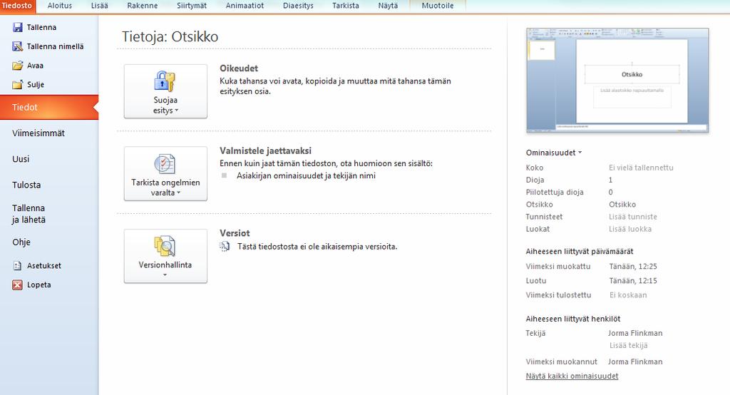 2 Tiedosto valikko (Backstage) Microsoft Office 2010 ohjelmissa vasemmassa yläkulmassa on Tiedosto valikko vanhempien ohjelmien tapaan.