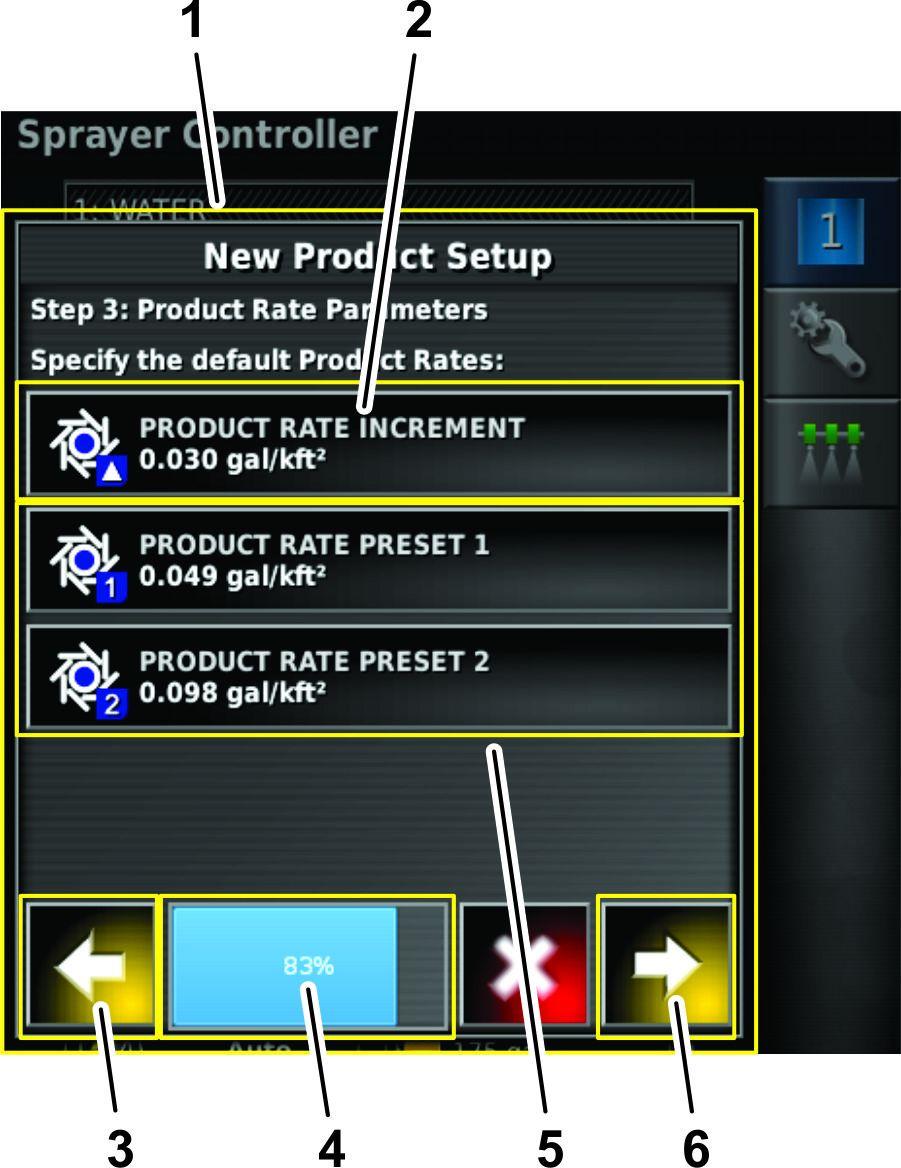 Kuva 33 g204317 Kuva 32 g204244 1. Tuotteen ruiskutusmäärä -kenttä (esimerkki: 0,012 gal/kft 2 ) 2. Numeronäppäimistö 3. Vahvistuskuvake 1.