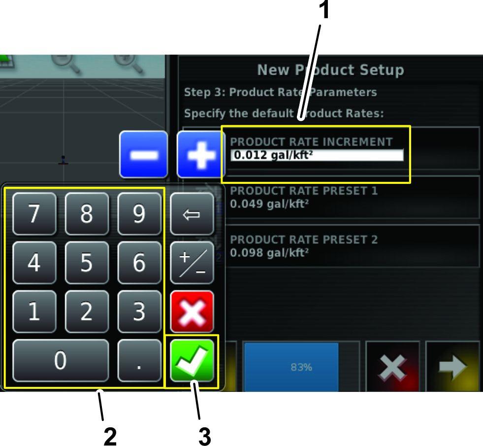 Product rate preset (Tuotteen ruiskutusmäärän esiasetus) -kuvakkeet 6. Seuraava-kuvake (seuraava vaihe) A.