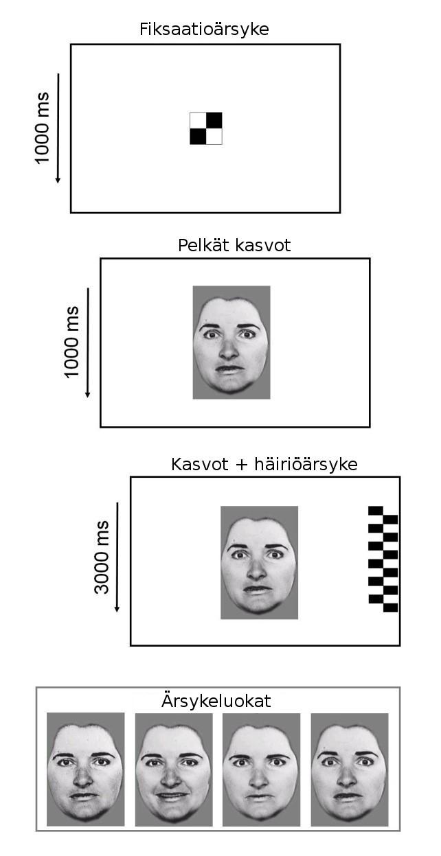 kanssa siten, että kasvonilmekuvia sisältävä tehtäväjakso esitettiin ensimmäisenä. Overlap-tehtävän kulku on esitetty kuvassa 2. Kuva 2. Overlap-tehtävä. Fiksaatioärsykkeen jälkeen ruudulla esitettiin vieraan aikuisen kasvonilmekuva.
