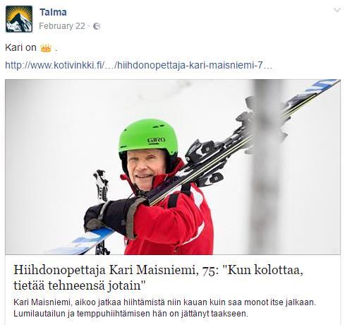 Kuva 6. Artikkeli Talmassa työskennelleestä hiihdonopettajasta (Talma 22.2.2017.) 4.2.3 Videoiden jakaminen Niin kuin aikaisemmin mainittiin, Talma markkinoi itseään koko perheen hiihtokeskuksena.