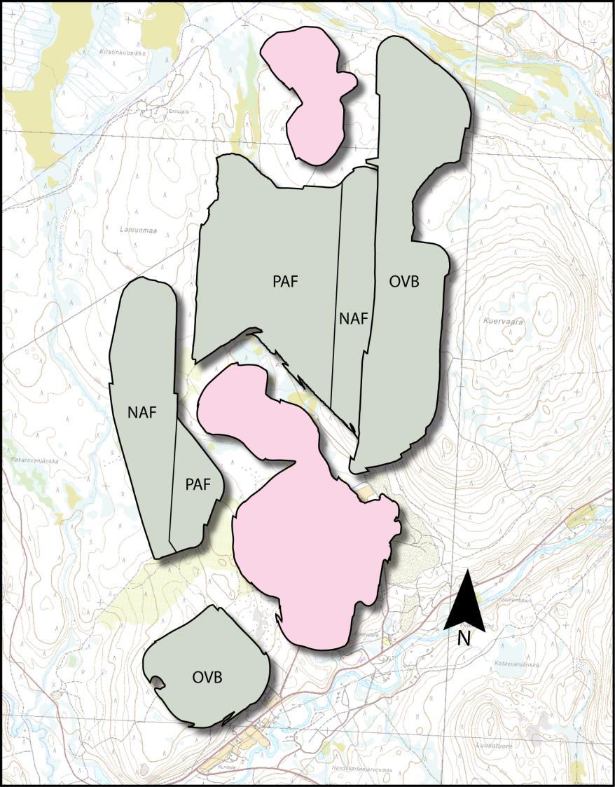 22 Kuva 15. Sivukivialueiden sijainnit ja ulkoasut. OB = pintamaa, NAF = ei happoa muodostava sivukivi, PAF = mahdollisesti happoa muodostava sivukivi.