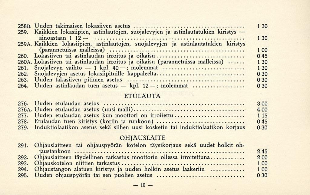 1 1 kpl. 2588. Uuden takimaisen lokasiiven asetus 1 30 259. Kaikkien lokasiipien, astinlautojen, suojalevyjen ja astinlautatukien kiristys ainoastaan 1 12 259A.