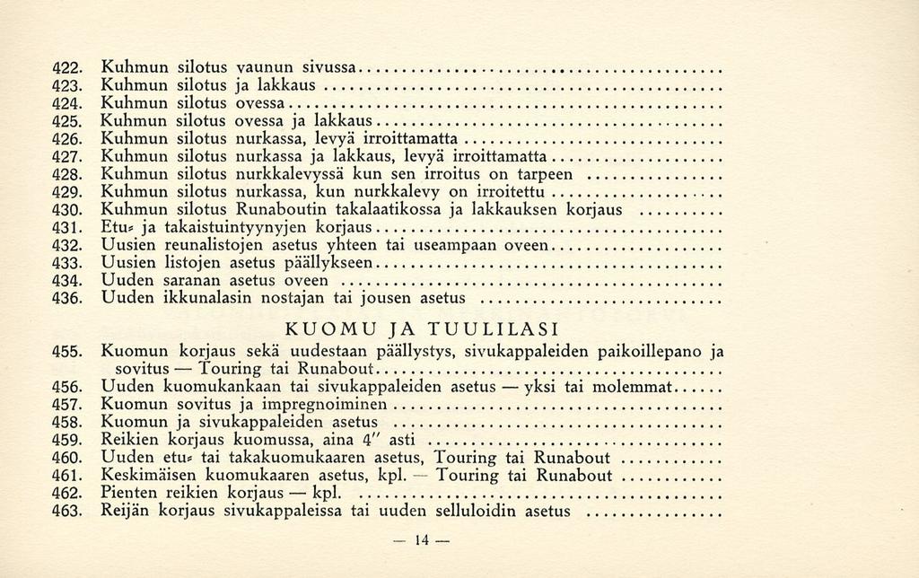 Touring yksi 422. Kuhmun silotus vaunun sivussa 423. Kuhmun silotus ja lakkaus 424. Kuhmun silotus ovessa 425. Kuhmun silotus ovessa ja lakkaus 426. Kuhmun silotus nurkassa, levyä irroittamatta 427.