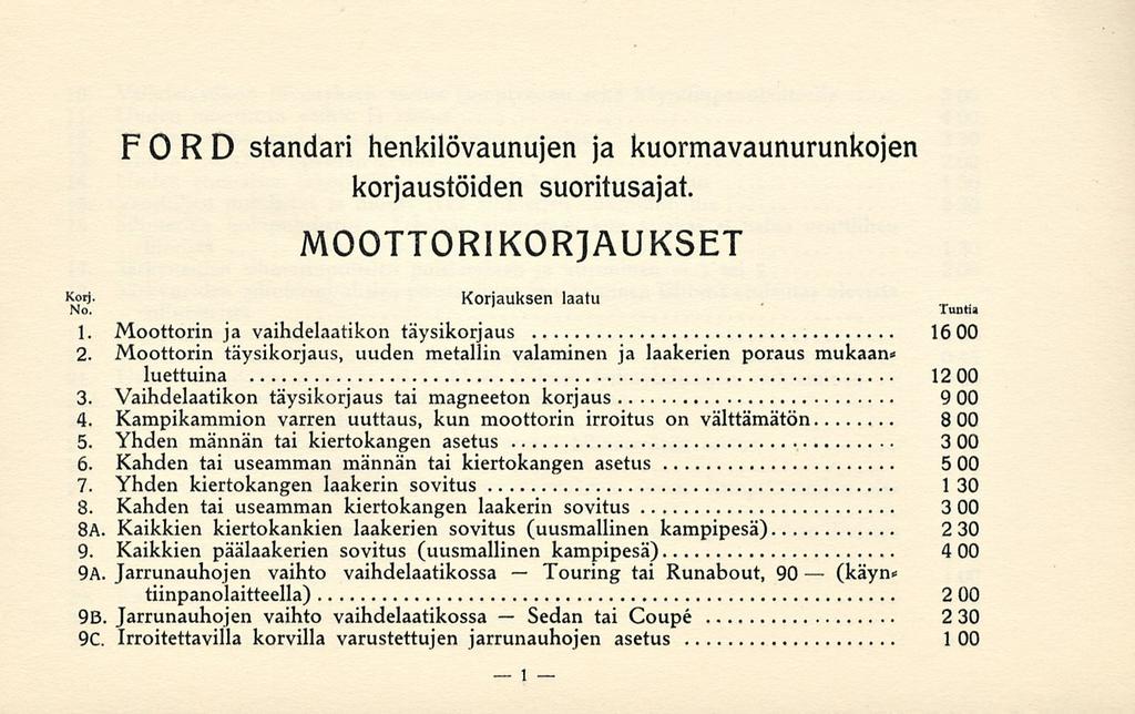 Sedän Touring FORD standari henkilövaunujen ja kuormavaunurunkojen korjaustöiden suoritusajat. MOOTTORIKORJAUKSET Korj. Korjauksen laatu No. ' Tuntia 1.