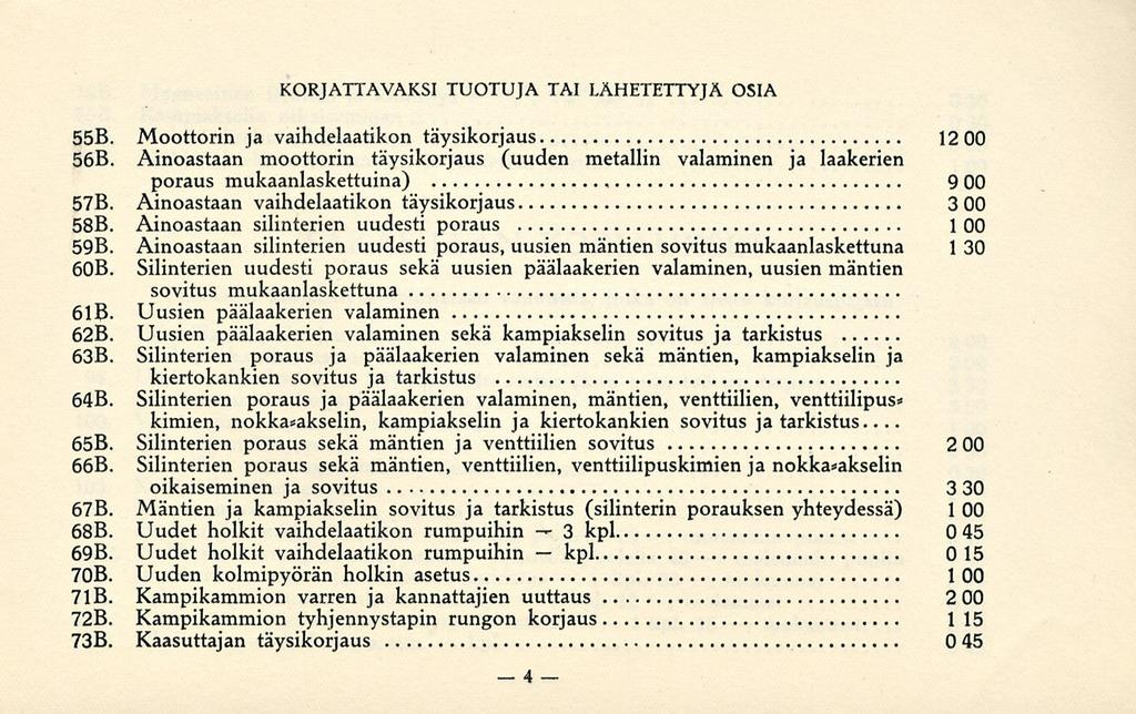 kpl 9 KORJATTAVAKSI TUOTUJA TAI LÄHETETTYJÄ OSIA 558. Moottorin ja vaihdelaatikon täysikorjaus 12 00 568.