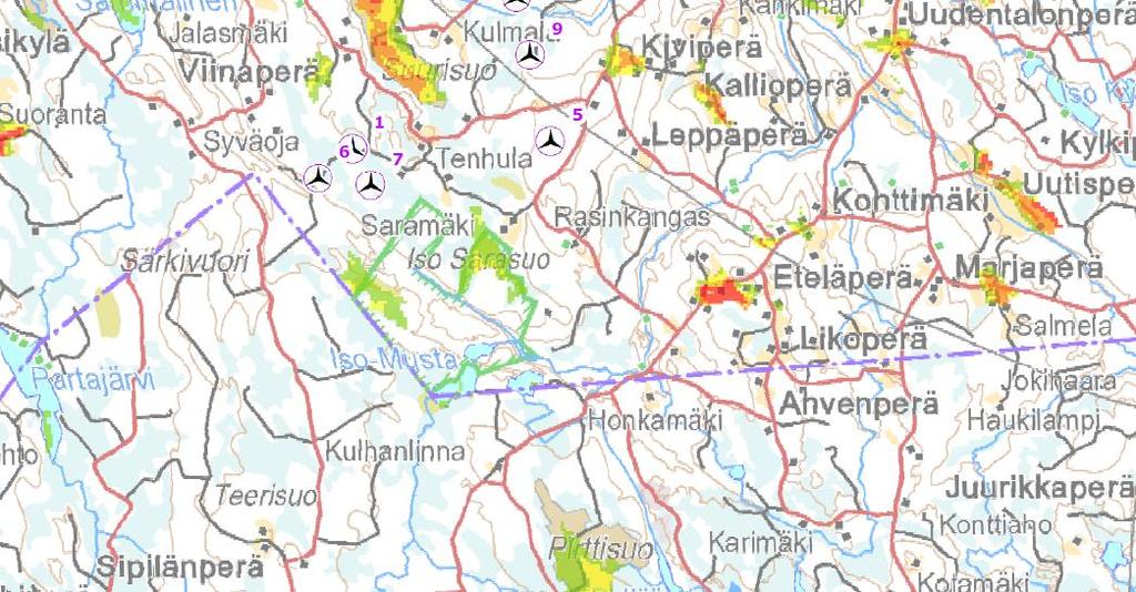 32 (40) 14. Näkemäanalyysin mukaan voimalat eivät näy suurimmalle osalle Kangasharjun alueesta. Kangasharjulta etäisyyttä lähimpiin voimaloihin on noin 4-5 km mittauspaikasta riippuen.